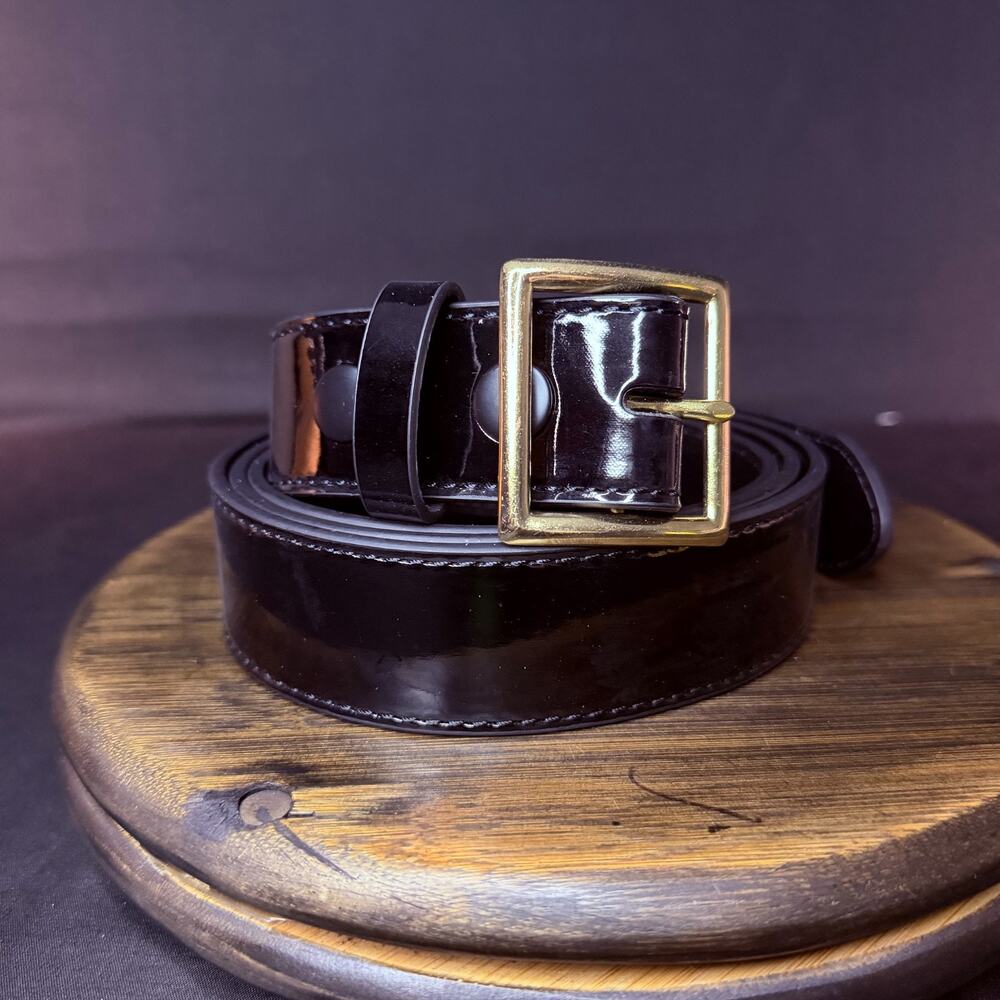 Galls Leather Uuniform Premium Belt Size 48" Hi-Gloss Black Gold Brass 1238
